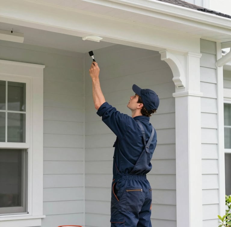 A professional painter in a clean navy uniform carefully painting white trim on a house exterior, bright natural daylight, 35mm lens
