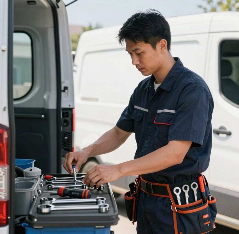 A professional technician in a clean navy uniform with a tool belt, organizing high-quality tools in a bright, daylight-filled service van, sharp focus, 35mm lens.