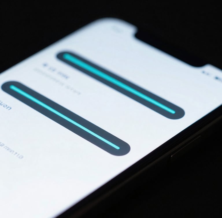 Macro close-up of a dark physical mobile screen displaying a crisp native UI layout with glowing cyan lines, cool studio lighting, shallow depth of field
