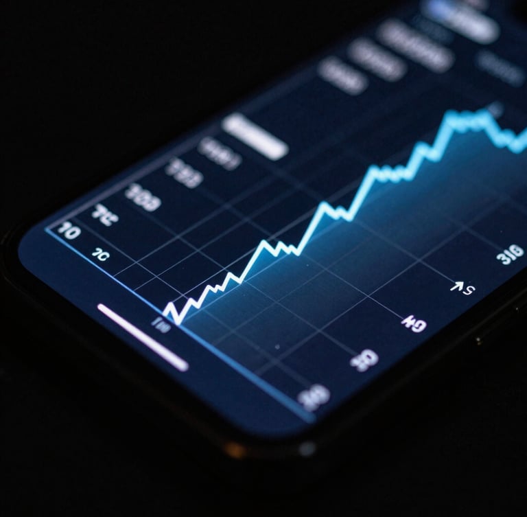 Dark editorial technology photography, macro shot of a physical mobile device screen showing detailed performance telemetry graphs, cool blue screen-glow highlights, deep blacks