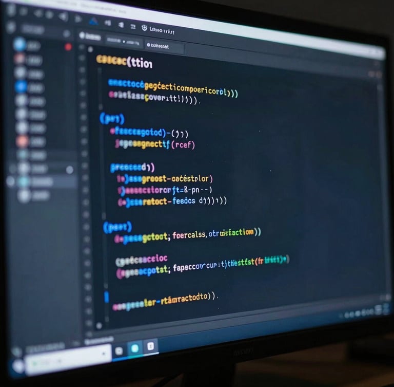 Extreme close-up of clean code on a high-end monitor, low-key moody studio lighting with sharp single-source blue highlights, architectural precision.