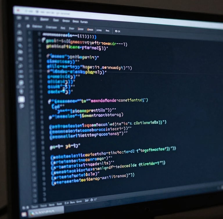 Extreme close-up of a high-end monitor displaying structured monospace code, sharp electric blue highlights on dark screen, low-key moody studio lighting, clean geometric lines.