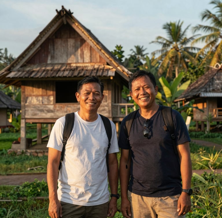 A warm, candid portrait of two Indonesian travel guides smiling next to a traditional wooden house in a lush green village during golden hour, natural lighting, authentic editorial style.