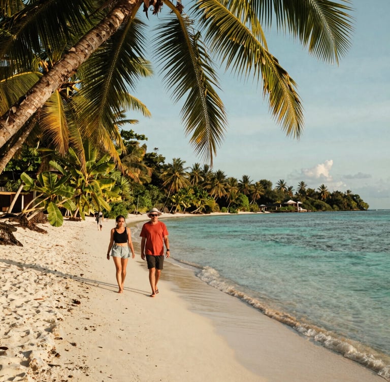 A local guide and travelers walking along a secluded white sand beach in Maluku, crystal clear turquoise water, lush tropical palms overhang the shore, warm afternoon sun.
