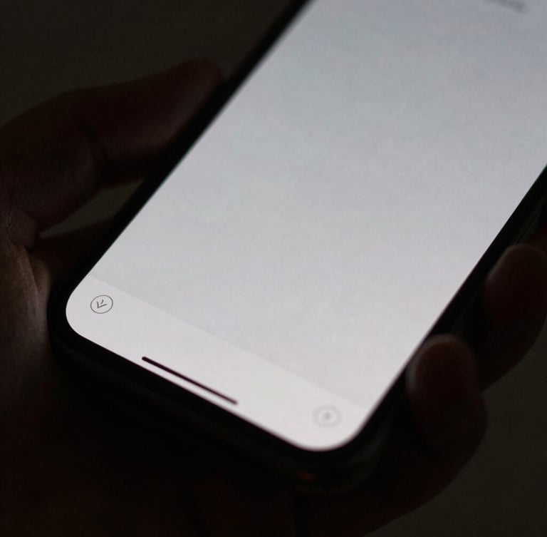Macro close-up of a hand holding a smartphone showing a minimalist grid layout, soft side-light, deep shadows