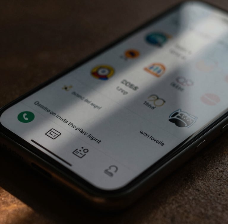 Macro crop of an app interface on a hand-held mobile device in low-key natural light, high-contrast shadows, warm tones