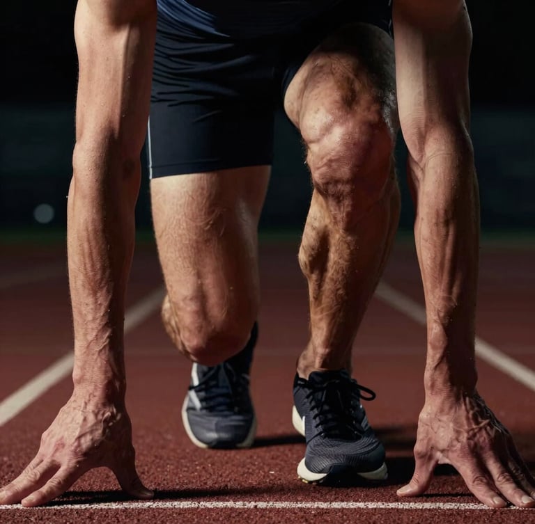 Extreme close-up of a runner's tensed leg muscles at the starting block, high-contrast chiaroscuro lighting, deep shadows, raw physical effort.