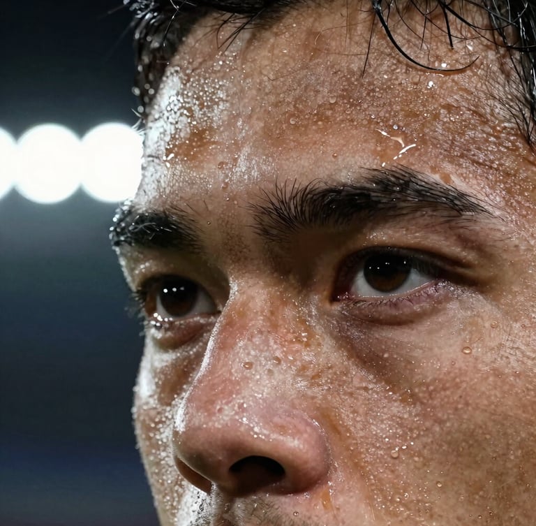 Extreme close-up of an athlete's focused eyes glistening with sweat under cool, sharp stadium key lights, dark chiaroscuro background, high-contrast athletic brutalism.