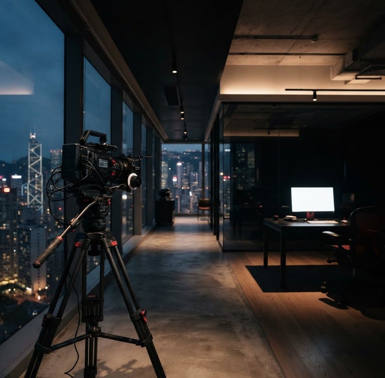 Wide panoramic shot of a modern, sleek corporate office interior at dusk, with controlled, dramatic lighting, a camera on a tripod in the foreground, and a blurred cityscape visible through large windows. Cinematic high-contrast minimalism, deep blacks, subtle red accents.