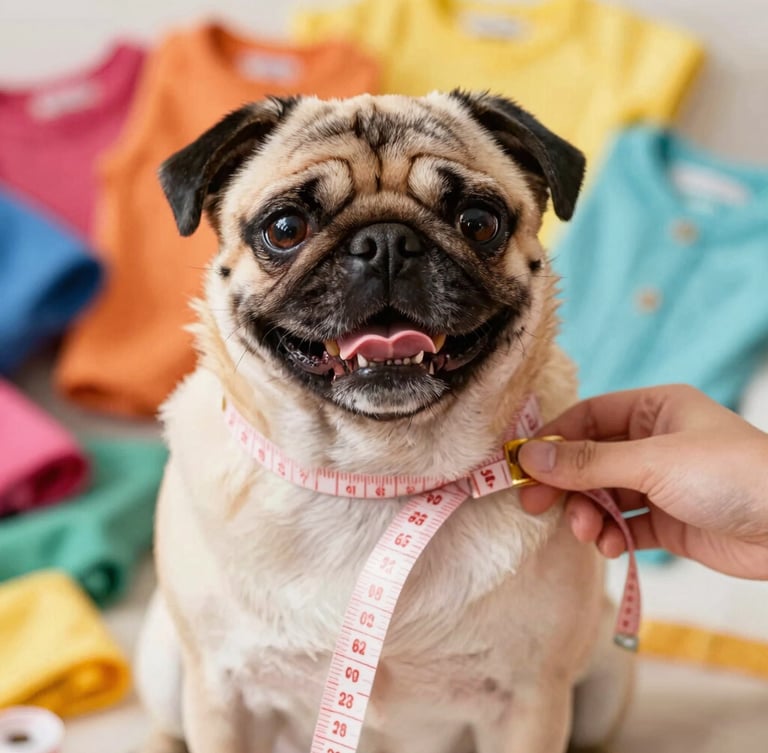 Close-up of a tailor measuring tape gently wrapping around a happy pug's chest, warm natural daylight, soft focus on colorful fabrics, 50mm