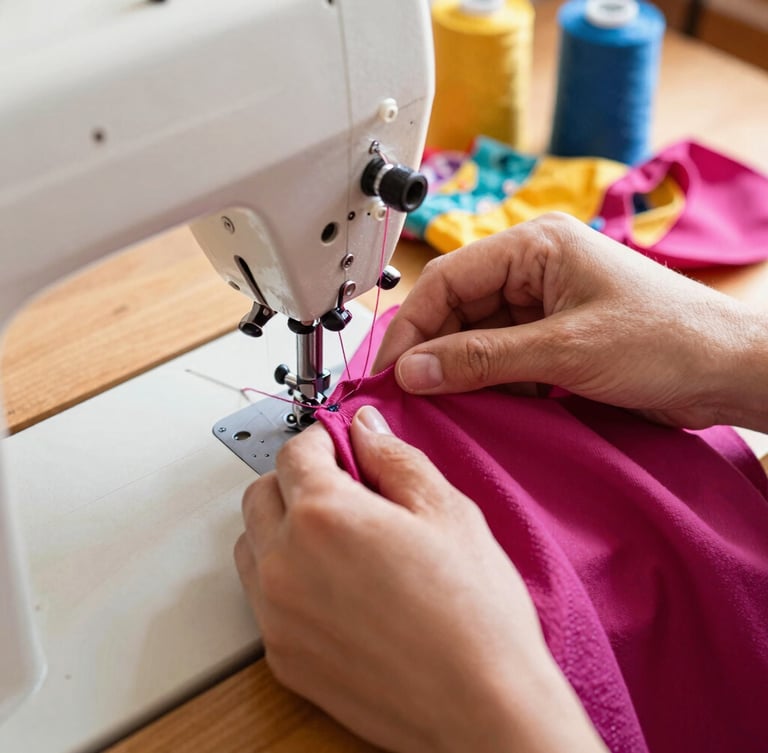 Close-up of hands carefully stitching a vibrant magenta fabric on an old sewing machine in a warm, sunlit workshop in Celaya, threads and colorful pet clothing patterns visible