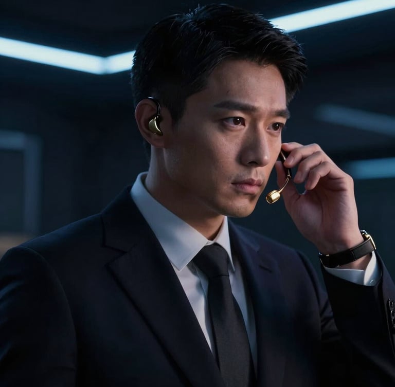 Medium close-up of a security professional in an elegant dark suit adjusting a gold earpiece, dramatic neon rim light, deep shadows, dark luxury aesthetic
