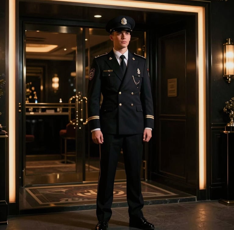 Cinematic low-key photography of a sharp, impeccably uniformed security professional in a dark tailored suit standing outside a luxury club entrance, subtle amber neon rim light, deep shadows, 35mm lens