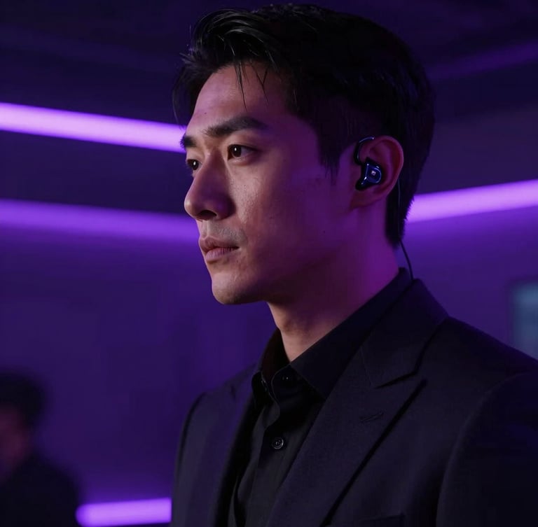 Cinematic close-up of a security professional with a discreet earpiece, looking away, dark elegant suit, dramatic low-key lighting, soft purple ambient club glow, high contrast