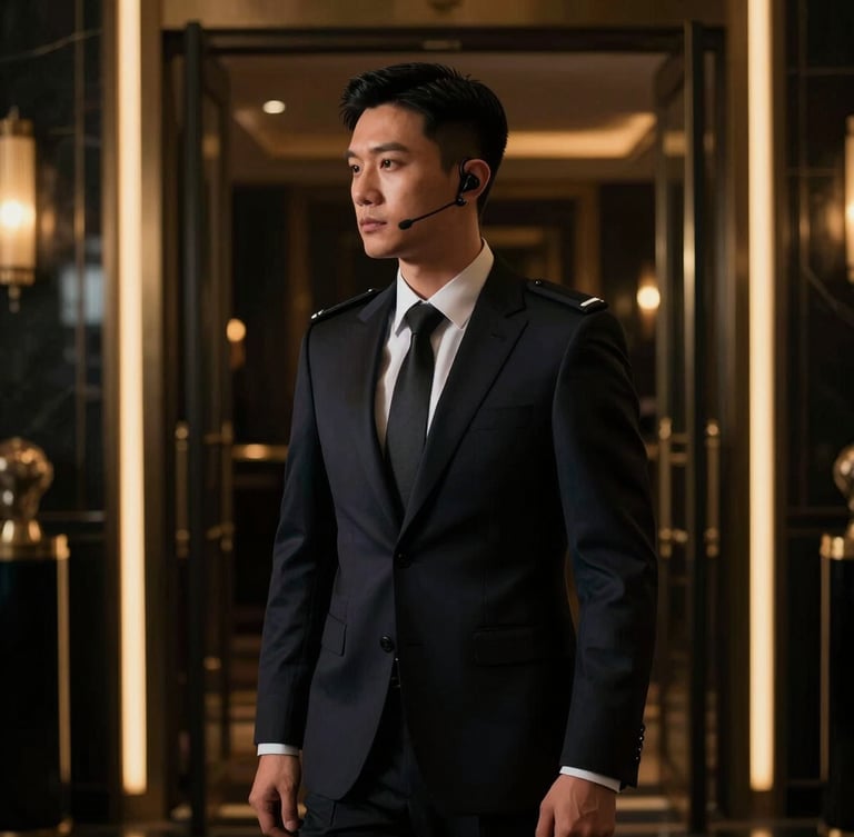 Cinematic low-key photography of an elegant security professional in a bespoke dark suit, wearing a discreet communication earpiece, standing at the entrance of a luxury nightclub with soft golden ambient light spills and deep shadows, 35mm anamorphic lens.