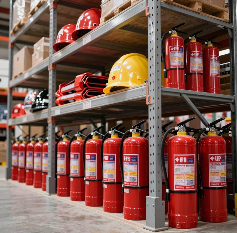 Crisp industrial photography of a clean warehouse interior, heavy-duty shelving stacked with red fire extinguishers and safety gear, bright clean daylight, architectural low-angle framing