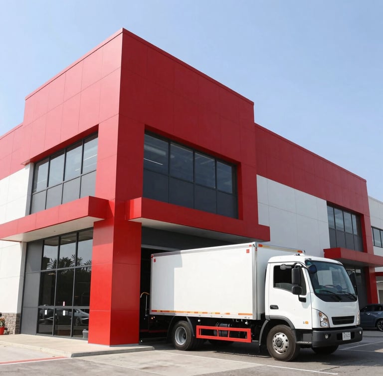 Low-angle architectural shot of a modern commercial building exterior, clean lines, bright daylight, a professional delivery truck parked outside with fire safety supplies being unloaded, sharp focus.