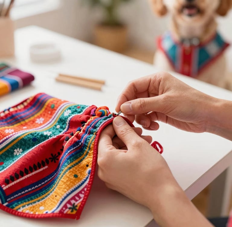 Hands of an artisan carefully sewing a colorful pet dress in a bright, warm workshop, fabrics with Mexican patterns visible, soft natural light