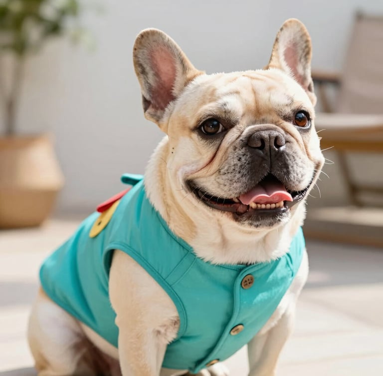 Close-up eye-level shot of a happy French Bulldog wearing a vibrant teal handmade vest, sitting comfortably in a bright sunlit patio, shallow depth of field.