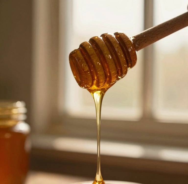 Macro close-up of golden raw honey slowly dripping from a wooden honey dipper, warm directional window light, rich amber tones, soft focus background.