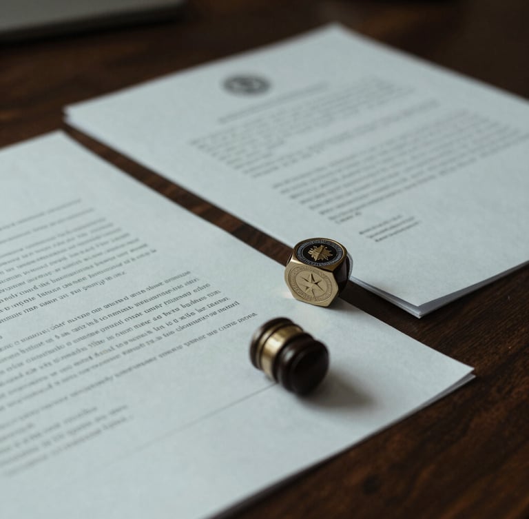 A close-up of official legal documents with official stamps on a dark wooden desk, dramatic side-lighting, cool desaturated tones