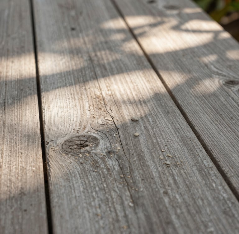 Close-up of weathered gray teak wood grain and matte stone texture under soft dappled garden light, 35mm