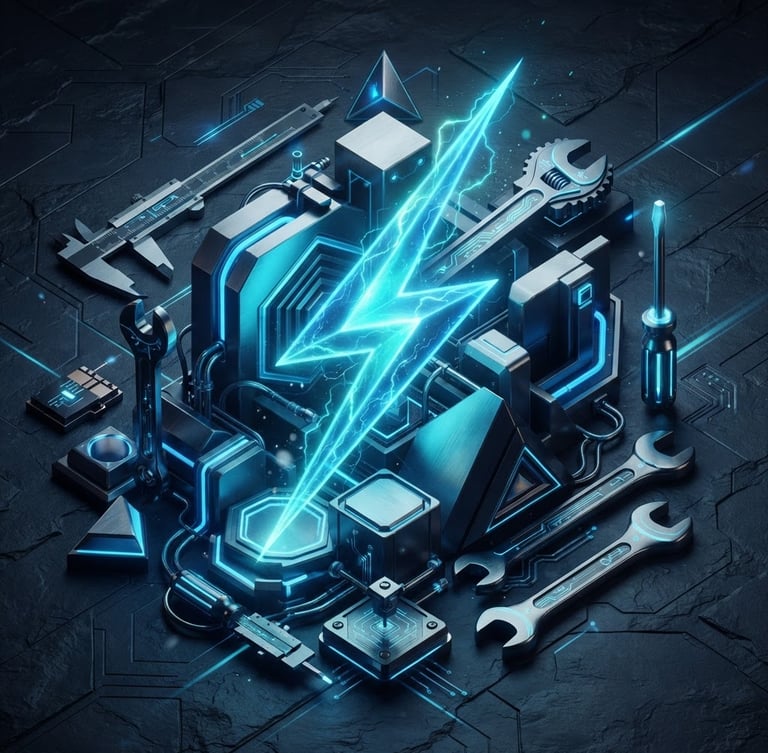 Sleek 3D render of abstract geometric shapes, glowing electric blue lightning bolt, and stylized metallic tools against a dark slate background, isometric perspective, cinematic lighting, no text.