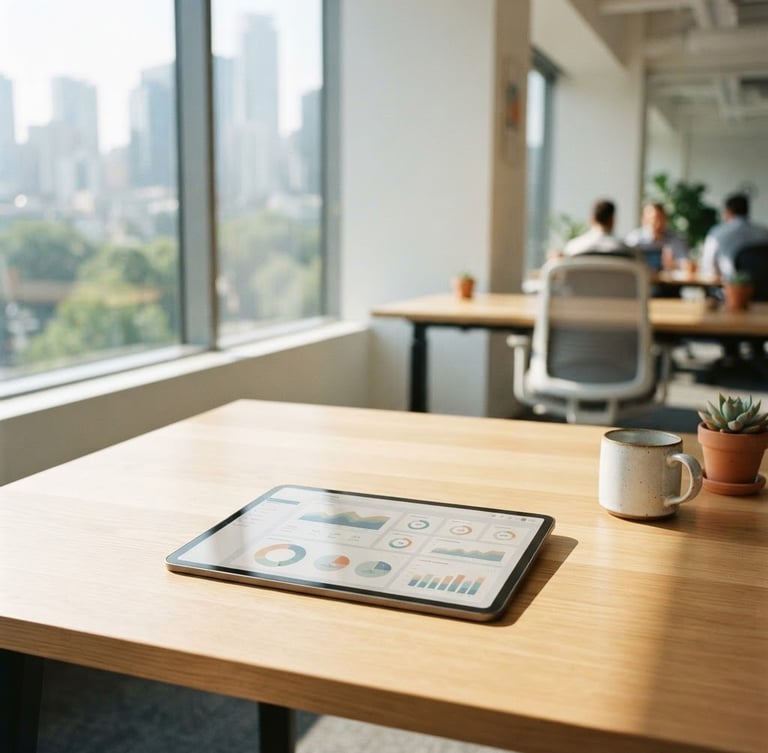 A clean, modern office workspace with sunlight streaming through a window, a tablet showing a clear dashboard interface resting on a wooden table, 35mm photography