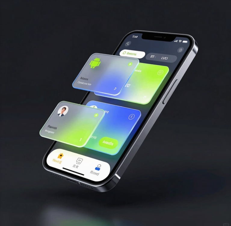 Sleek 3D digital render of an Android smartphone floating at an angle, displaying a vibrant educational app interface with glassmorphic cards, glowing cyber lime accents, dark background