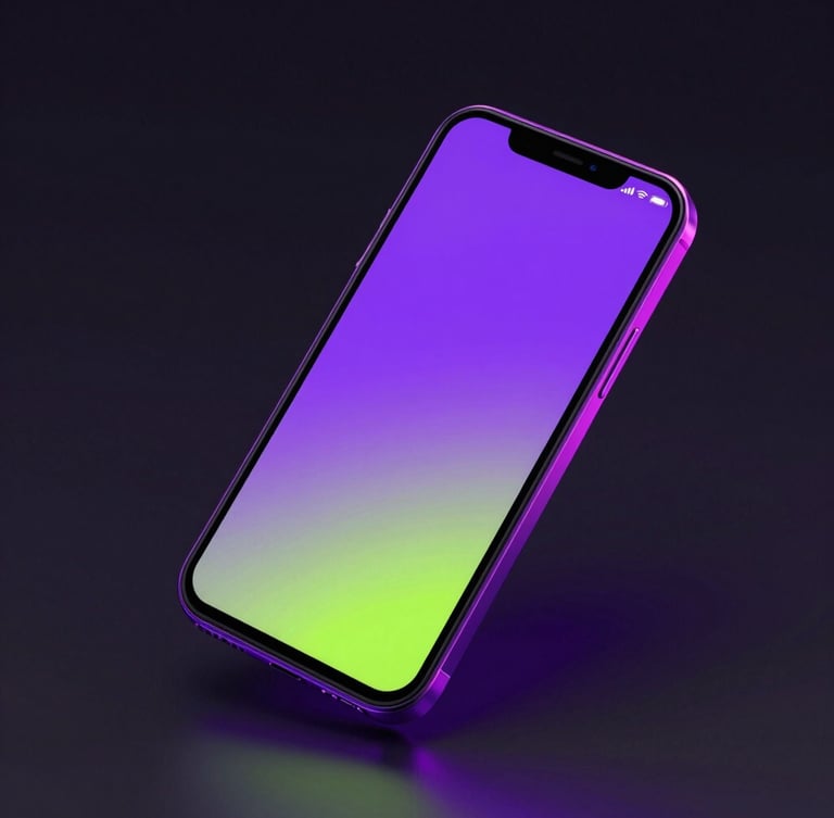 Sleek 3D digital render of an isometric Android device mockup displaying a vibrant purple and lime custom app interface, dark background, neon glassmorphism, fluid gradients, high-contrast studio lighting with magenta rim lights, sharp focus