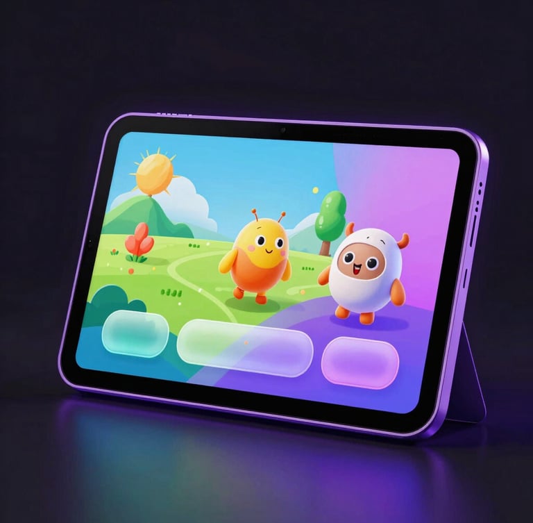 Sleek 3D digital render of a modern Android tablet displaying a colorful educational game, rounded glassmorphic buttons, playful character illustration floating nearby, dark background with electric violet rim light.