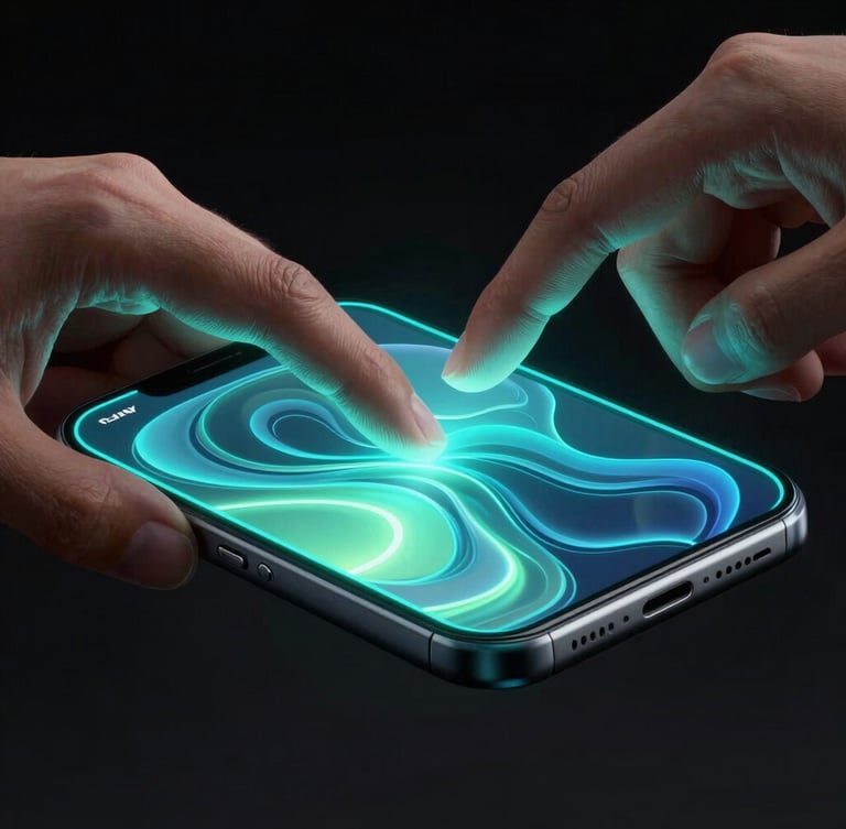 Extreme close-up of hands interacting with a glowing physical mobile screen, displaying a fluid physics-based animation, dark background, neon glassmorphism, fluid gradients, high-contrast studio lighting with cyan rim lights, sharp focus