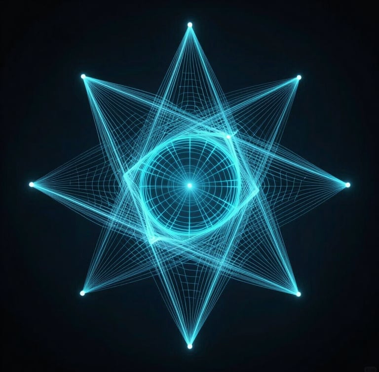 Abstract mathematical representation of court geometry with vector tracking paths, high contrast, electric cyan and ice-blue accents, dark background.