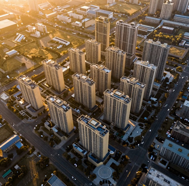 High-contrast architectural drone photography of a master-planned commercial land plot, golden hour low-sun angle, deep shadows, rich gold tones