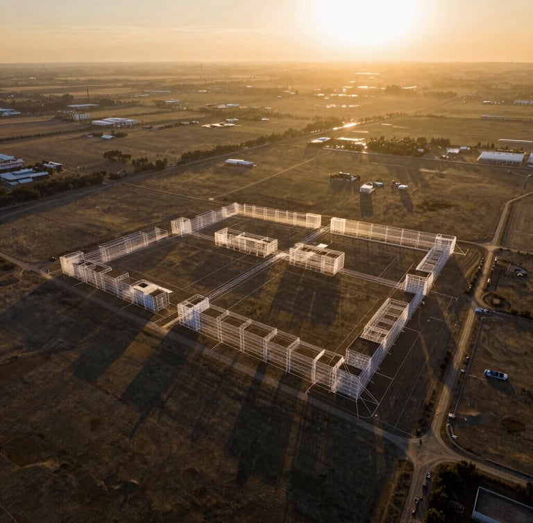 High-altitude drone photography of a master-planned land plot, golden hour low-sun angle casting long shadows, architectural wireframe lines overlaid on raw terrain, wide-angle lens