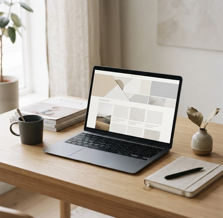 A minimalist editorial workspace with a high-fidelity laptop mockup showing a clean website layout, soft natural window light, muted neutral tones, sharp focus, 35mm