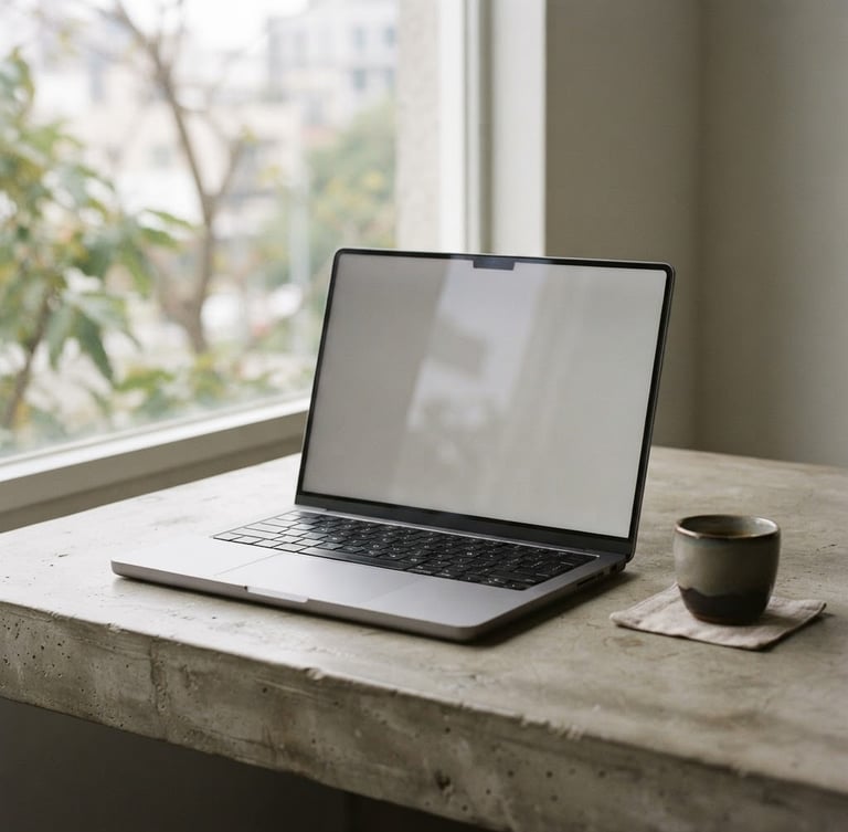 Minimalist laptop mockup on a concrete desk, soft natural window light casting gentle shadows, muted neutral tones, editorial 35mm photography