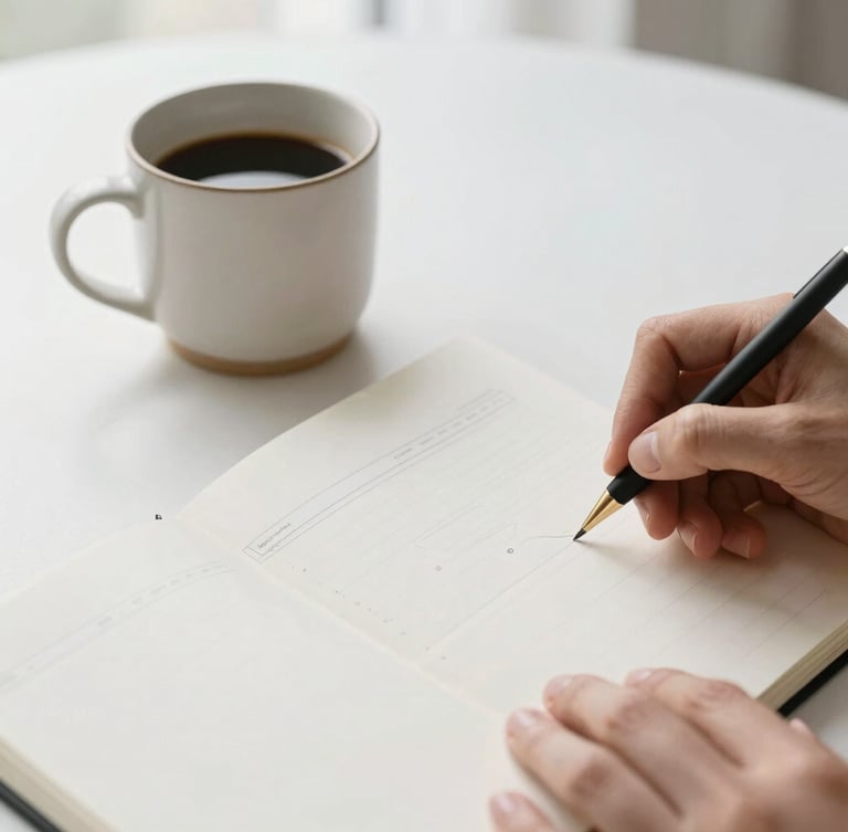 A close-up of hands sketching a clean web wireframe on a paper notebook next to a ceramic coffee mug, soft morning light, minimalist editorial photography, 35mm