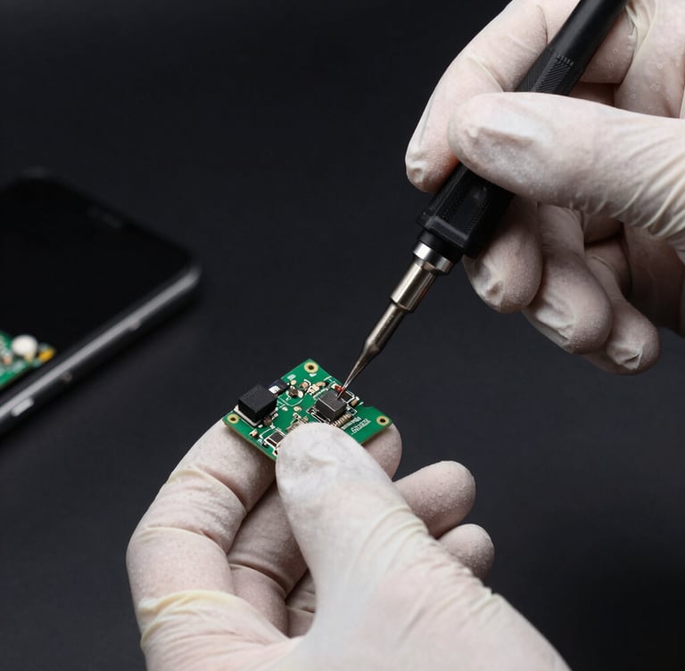 Macro photography of hands wearing anti-static gloves performing delicate soldering on a smartphone logic board under clean laboratory lighting