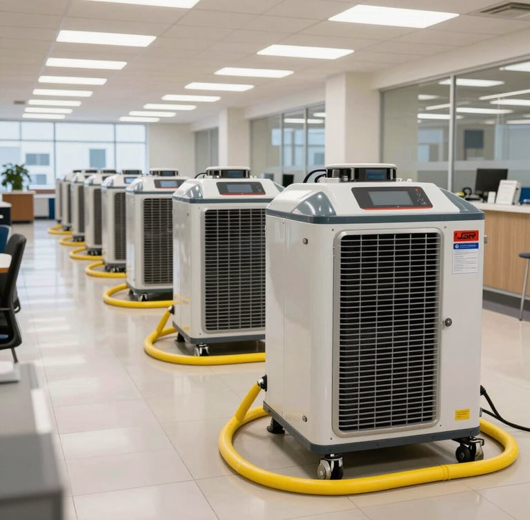 Wide shot of an orderly water mitigation containment zone in a commercial lobby, industrial LGR dehumidifiers with yellow power cords neatly routed, clinical bright lighting.