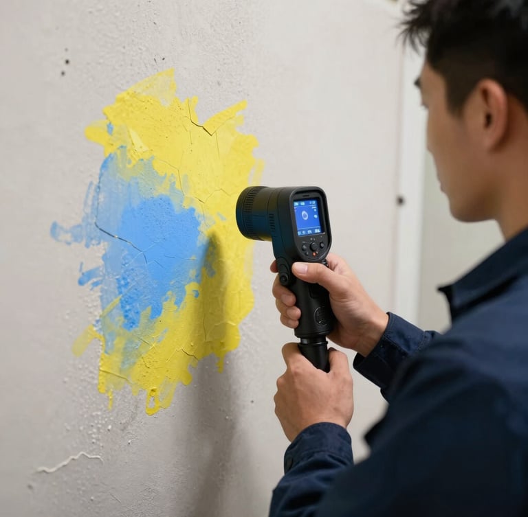 Tight shot of a technician in a navy uniform holding a thermal imaging camera showing high-contrast yellow and blue moisture boundaries on a drywall surface, bright clinical lighting