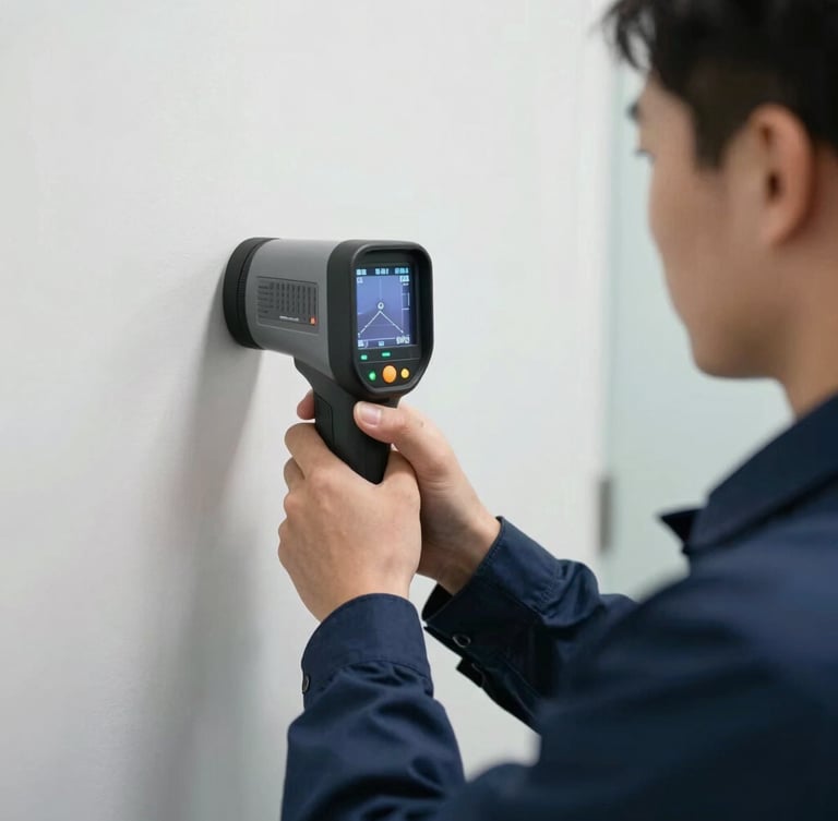 Tight clinical shot of a technician in a navy uniform holding a thermal imaging camera against a wall, bright clinical lighting, clear moisture boundaries visible on the screen, clean environment.