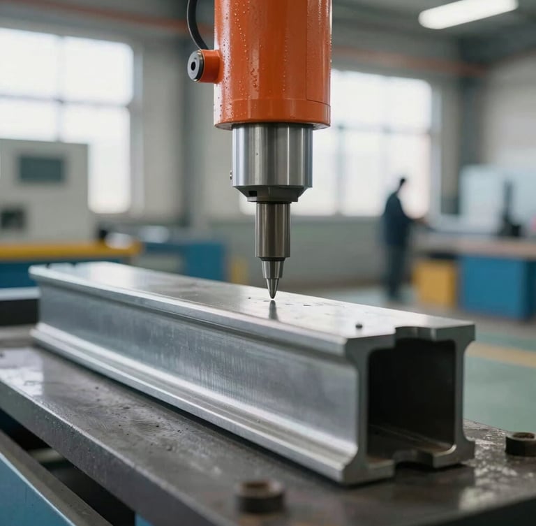 Close-up of a precision quality control check on a steel component, bright industrial warehouse daylight, sharp focus, 35mm