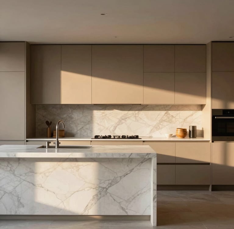 Architectural portrait of a premium kitchen design, matte lacquered cabinetry, veined white marble island, soft golden hour sunlight, high-end editorial style