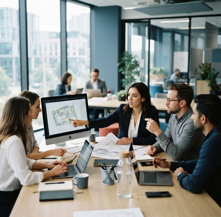 A modern, bright collaborative professional office workspace with focused professionals in action, cool blue and slate tones, shallow depth of field, 35mm