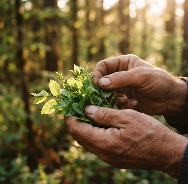 Close-up of sacred green leaves held gently by weathered hands, soft golden hour sunlight filtering through trees, rich earthy tones, shallow depth of field, 35mm film