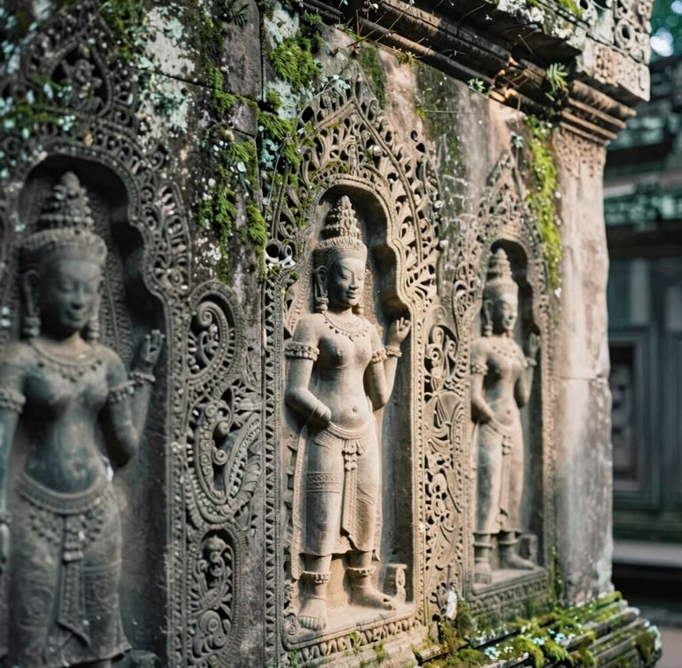 Details of ancient stone carvings on a temple wall, soft morning light, muted forest green moss, shallow depth of field, 35mm film look