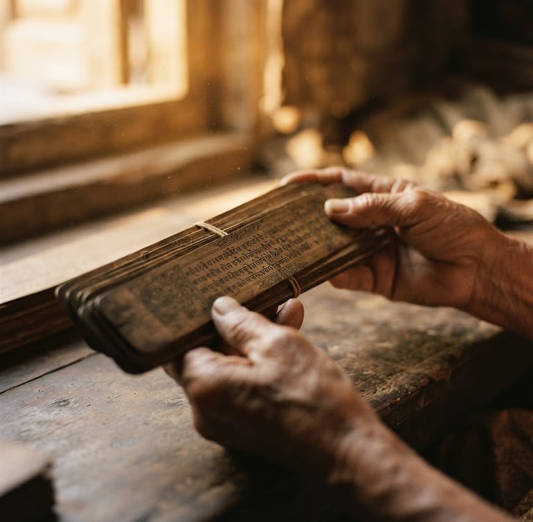 A close-up shot of hands gently holding an ancient palm-leaf manuscript under soft, golden-hour window light, shallow depth of field, 35mm film look.