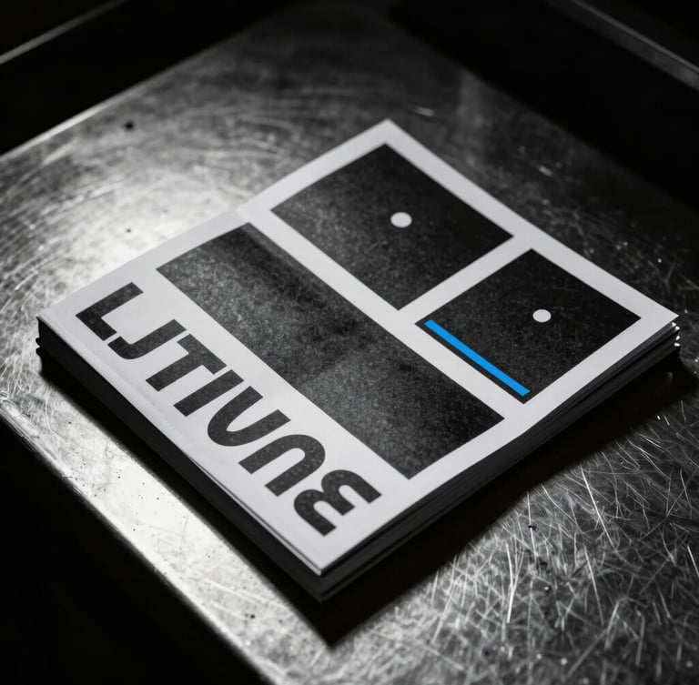 Dramatic close-up of a physical campaign mockup book lying on a steel work table, harsh studio key light, deep shadows, stark monochrome aesthetic, 35mm film