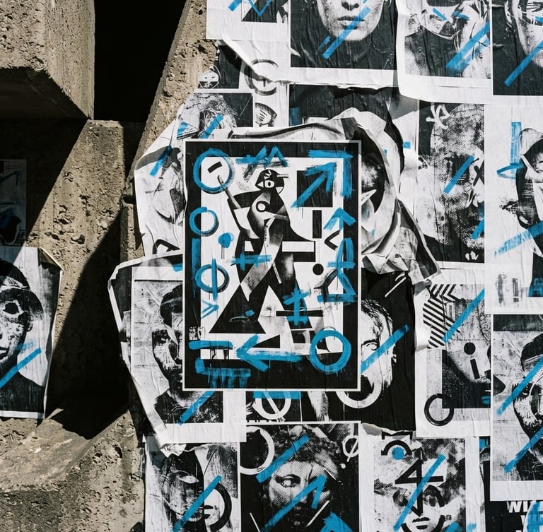 High-contrast 35mm film photograph of a wild-posting campaign mockup on a brutalist concrete wall, harsh dramatic shadows, bright midday sun, electric blue accents.